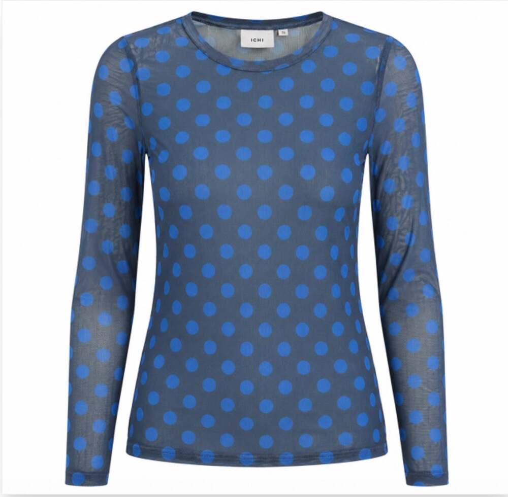 ICHI Polka Dot Sheer Mesh Long Sleeve Top Women S Blue Crew Neck Stretch Shirt